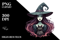 Retro Evil Witch with Cat Watercolor PNG Product Image 2