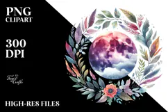 Vibrant Boho Moon with Foliage Watercolor Clipart Product Image 2