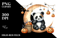 Watercolor Panda Dressed for Halloween Sitting on Moon PNG Product Image 2