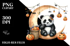 Watercolor Panda Dressed for Halloween Sitting on Moon PNG Product Image 2