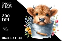 Cute Baby Highland Cow with Wooden Bucket PNG Product Image 1