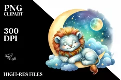 Cute Baby Lion Sleeping Moon Watercolor Product Image 1