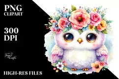 Cute Cartoon Owl Watercolor with Flower Crown Product Image 1