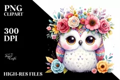 Cute Cartoon Owl Watercolor with Flower Crown Product Image 1