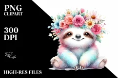 Cartoon-Style Sloth with Flower Crown PNG Product Image 1