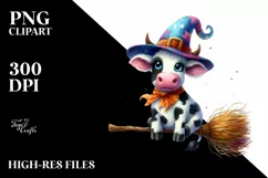 Colorful Wimsical Cow on Witch Broom Watercolor Product Image 1