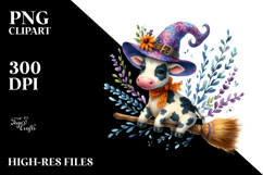 Colorful Wimsical Cow on Witch Broom Watercolor Product Image 2