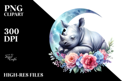 Vibrant Baby Rhino on Moon with Flowers Clipart Product Image 2