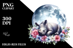 Vibrant Baby Rhino on Moon with Flowers Clipart Product Image 2