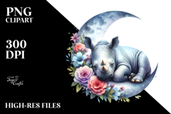 Vibrant Baby Rhino on Moon with Flowers Clipart Product Image 2