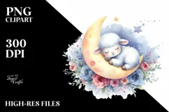 lColorful Cute Baby Lamb on Moon Watercolor Product Image 1