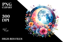 Vibrant Wimsical Moon with Flowers Watercolor Product Image 2