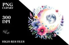 Vibrant Wimsical Moon with Flowers Watercolor Product Image 2