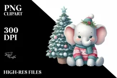 Baby Elephant by Christmas Tree PNG Product Image 1
