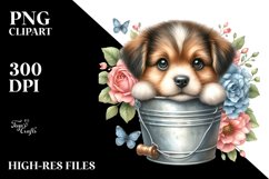 Cute Baby Dog in Bucket with Flowers PNG Product Image 3