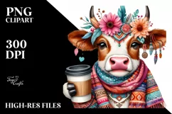 Funny Cow Holding Cup of Coffee | Boho Clipart Product Image 3