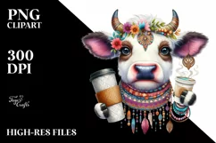 Funny Cow Holding Cup of Coffee | Boho Clipart Product Image 1