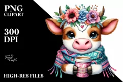 Funny Cow Holding Cup of Coffee | Boho Clipart Product Image 3