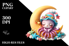 Vibrant Whimsical Baby Octopus Sleeping Moon Product Image 2