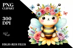 Bee with Flower Crown Watercolor Clipart Product Image 1