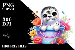 Colorful Spotted Seal Sitting in Bucket | Clipart Product Image 1