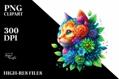 Abstract Vibrant Watercolor Kitten with Flowers and Leaves Product Image 1