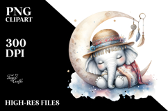 Watercolor Boho Baby Elephant Sleeping Moon Product Image 2