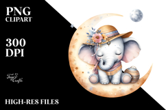 Watercolor Boho Baby Elephant Sleeping Moon Product Image 2
