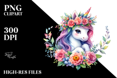 Baby Unicorn with Floral Wreath, Bright PNG Product Image 2