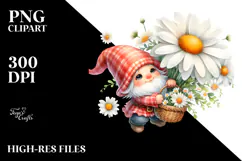 Watercolor Gnome with Large Daisy, PNG Product Image 2