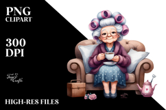 Old Lady Sitting with Hair Curlers and Tea Cup | Sublimation Product Image 2