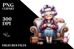 Old Lady Sitting with Hair Curlers and Tea Cup | Sublimation Product Image 2