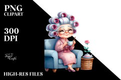 Old Lady Sitting with Hair Curlers and Tea Cup | Sublimation Product Image 2