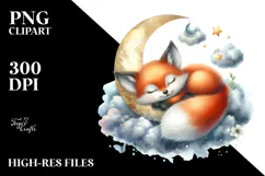 dDigital Watercolor with Baby Fox Sleeping on Moon Product Image 2