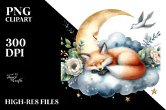 dDigital Watercolor with Baby Fox Sleeping on Moon Product Image 2