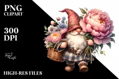 Detailed Watercolor Cute Gnome Basket Peonies | Clipart Product Image 1
