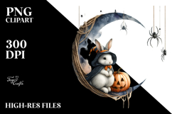 Watercolor Rabbit Dressed for Halloween Sitting on Moon PNG Product Image 2