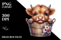 Baby Highland Cow in Wood Bucket PNG Product Image 1