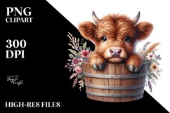 Baby Highland Cow in Wood Bucket PNG Product Image 3