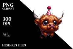 Highland Cow with Party Hat, Jumping Pose PNG Product Image 2