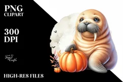 Cute Baby Walrus Holding Pumpkin PNG Product Image 1