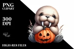 Cute Baby Walrus Holding Pumpkin PNG Product Image 3