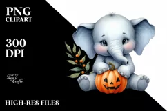 Cute Baby Elephant Sitting with Pumpkin, PNG Product Image 3