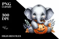 Cute Baby Elephant Holding Pumpkin PNG Product Image 1