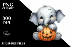 Cute Baby Elephant Holding Pumpkin PNG Product Image 1