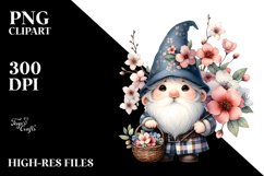 Detailed Watercolor Cute Gnome Basket Cherry Blossom | Product Image 1