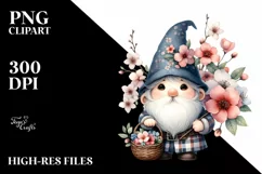 Detailed Watercolor Cute Gnome Basket Cherry Blossom | Product Image 1