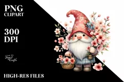 Detailed Watercolor Cute Gnome Basket Cherry Blossom | Product Image 3