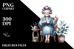 Old Lady Sitting with Hair Curlers and Mug | Sublimation | Product Image 2