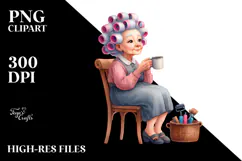 Old Lady Sitting with Hair Curlers and Mug | Sublimation | Product Image 2